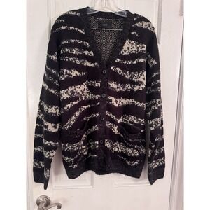 ADPT Men’s Textured Knit Cardigan Black Ivory Abstract Stripe Button Front M